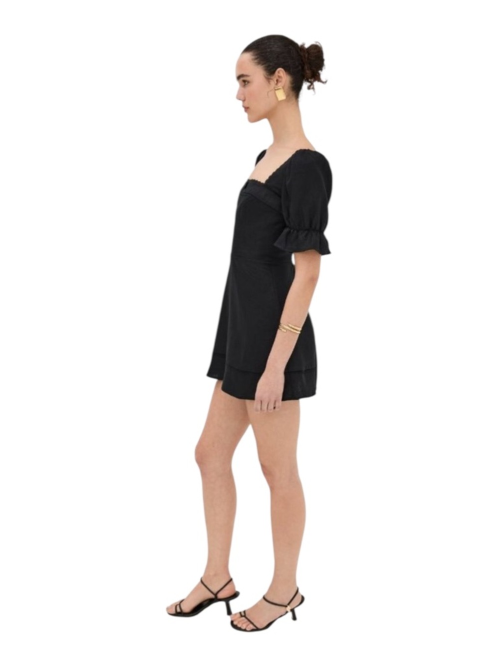 Reformation Evianna Black Linen Lace Trim Square Neck Puff Sleeve Mini Dress 0 - Picture 5 of 14